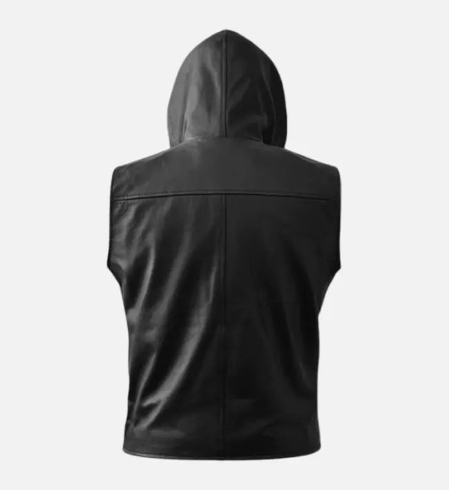Men’s Black Sheepskin Leather Hooded Vest with Belted Waist
