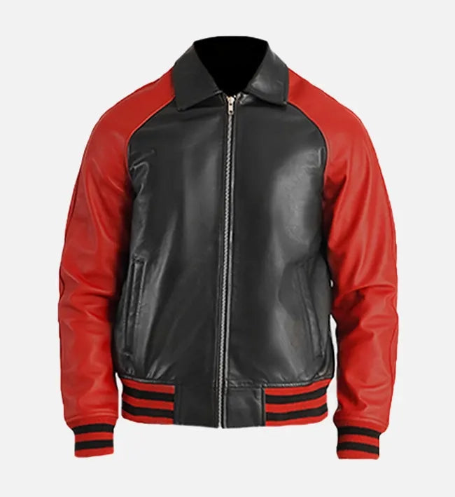 Men’s Sheepskin Leather Bomber Varsity Jacket – with Ribbed Hemline