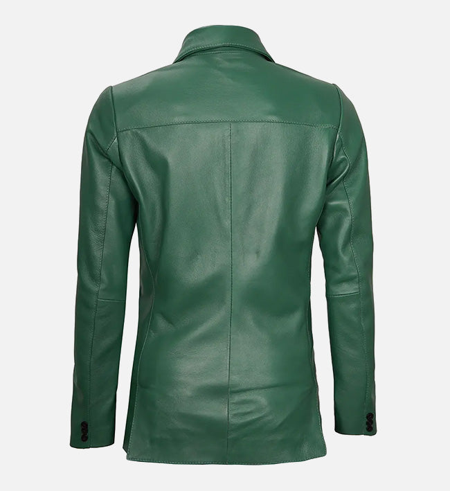 Women’s Green Sheepskin Leather Blazer Jacket with Contrast Black Buttons