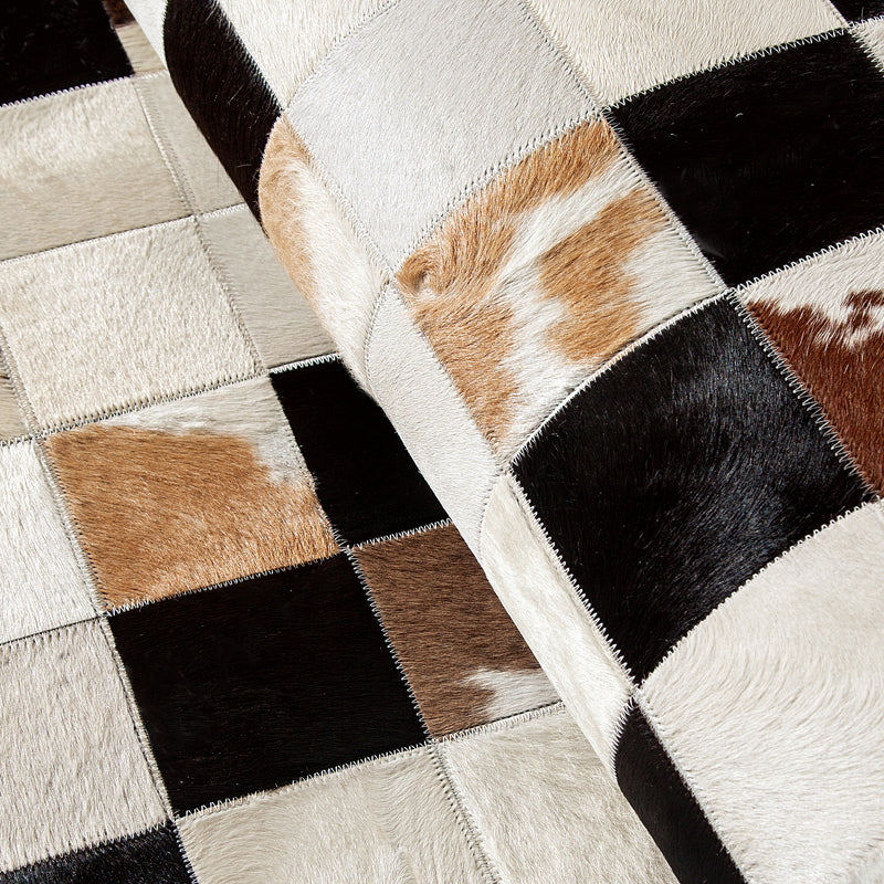 Exclusive Hair-On Cowhide Leather Patchwork Rectangle Rug – Handcrafted Design