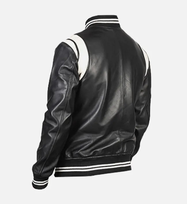 Men’s Sheepskin Leather Jacket – Black with Rib-Knitted Details & White Patches