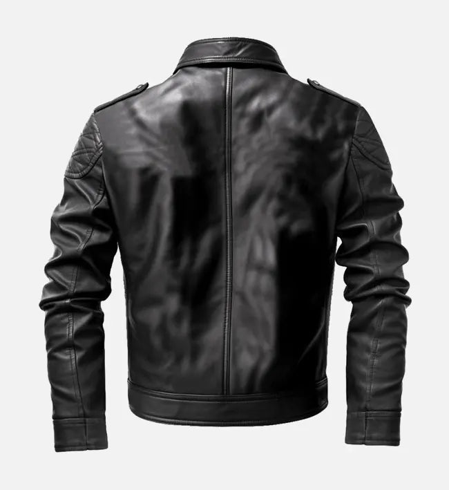 Men’s Sheepskin Leather Biker Jacket – Black with Quilted Shoulders