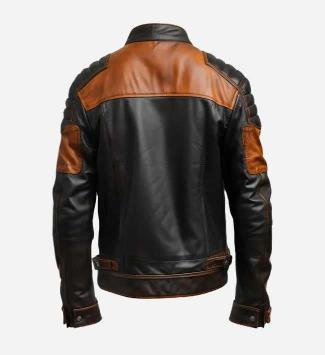 Men’s Sheepskin Black & Tan Brown Biker Leather Jacket