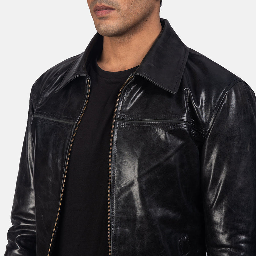 Men’s Black Cowhide Leather Biker Jacket – Classic Shirt Collar Style