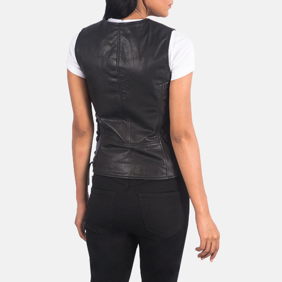 Women’s Black & Brown Sheepskin Leather Vest with V-Neck & Waist Laces