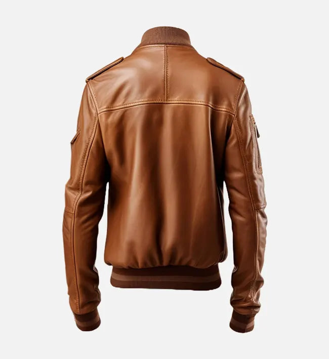 Men’s Sheepskin Brown Strap Pockets Bomber Leather Jacket