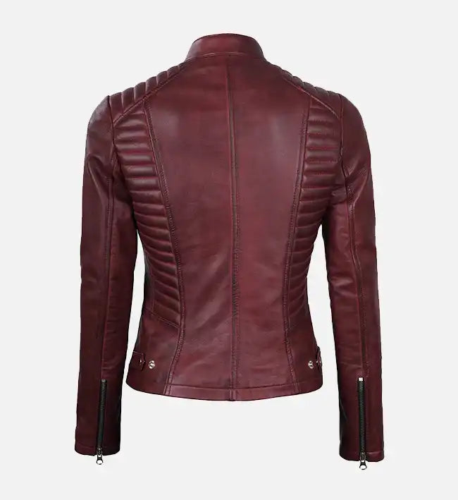 Women’s Sheepskin Maroon Leather Café Racer Jacket with Quilted Padded Detailing