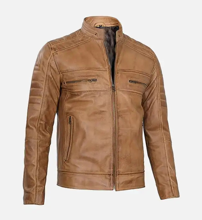 Men’s Sheepskin Leather Bomber Jacket – Tan Rust Brown with Quilted Detailing
