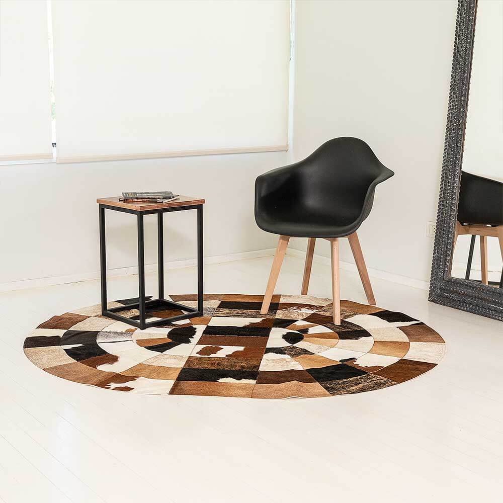 Artisan Hair-On Cowhide Patchwork Leather Rug – Oval Shape Carpet Style