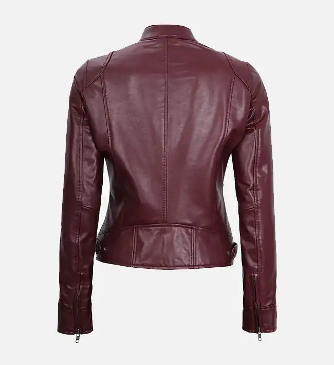 Women’s Sheepskin Leather Jacket – Maroon with Padded Shoulders & Panel Stitching