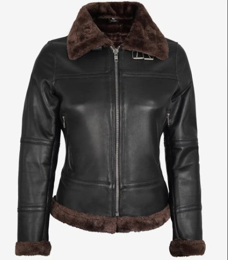 Women Real Leather Bomber Jacket with Faux Shearling, Female's Classic Belted Shearling Collar Leather Jacket