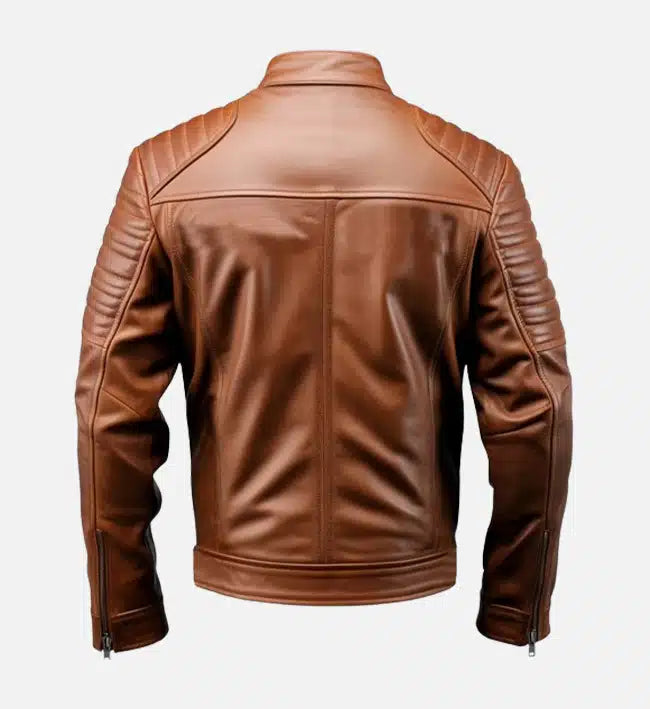 Men’s Sheepskin Leather Biker Jacket – Brown with Quilted Shoulder Detailing