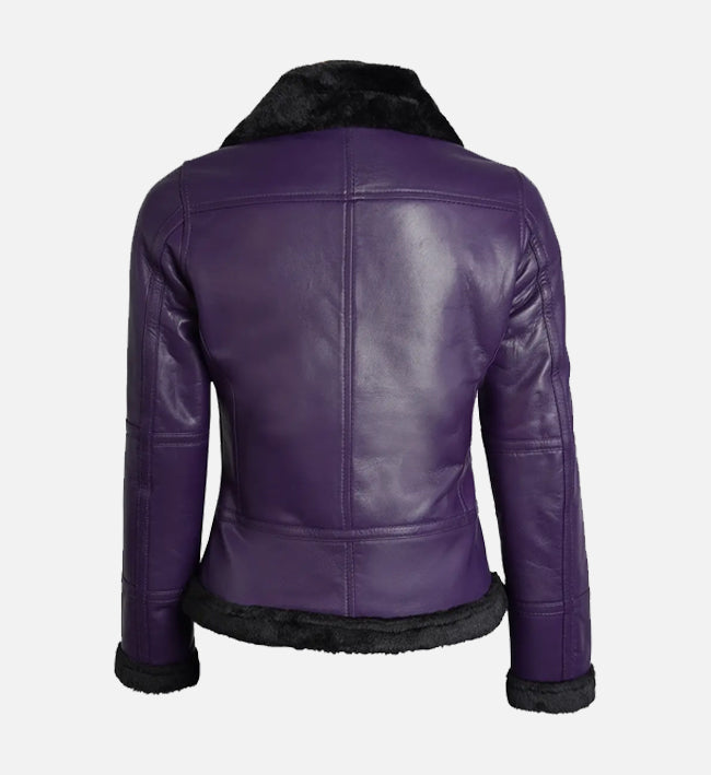 Women’s Purple Sheepskin Shearling Leather Jacket with Belted Collar