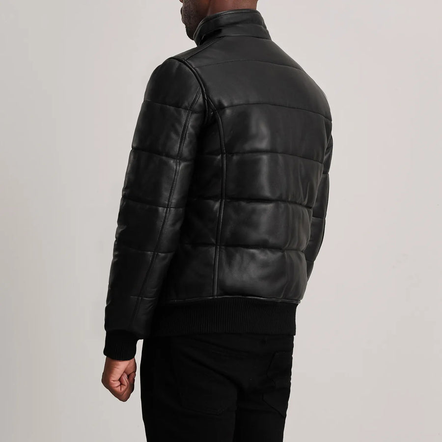Men’s High-Neck Sheepskin Puffer Leather Jacket – Semi-Aniline Finish
