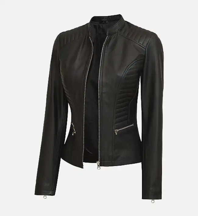 Women’s Sheepskin Leather Café Racer Jacket – Black with Quilted Detailing