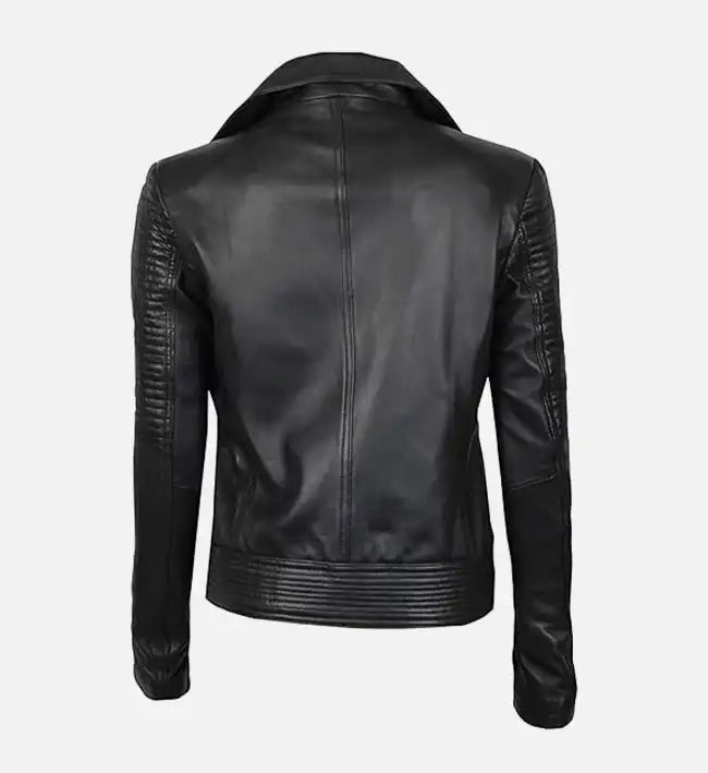 Women’s Black Sheepskin Leather Biker Jacket – Asymmetrical Style