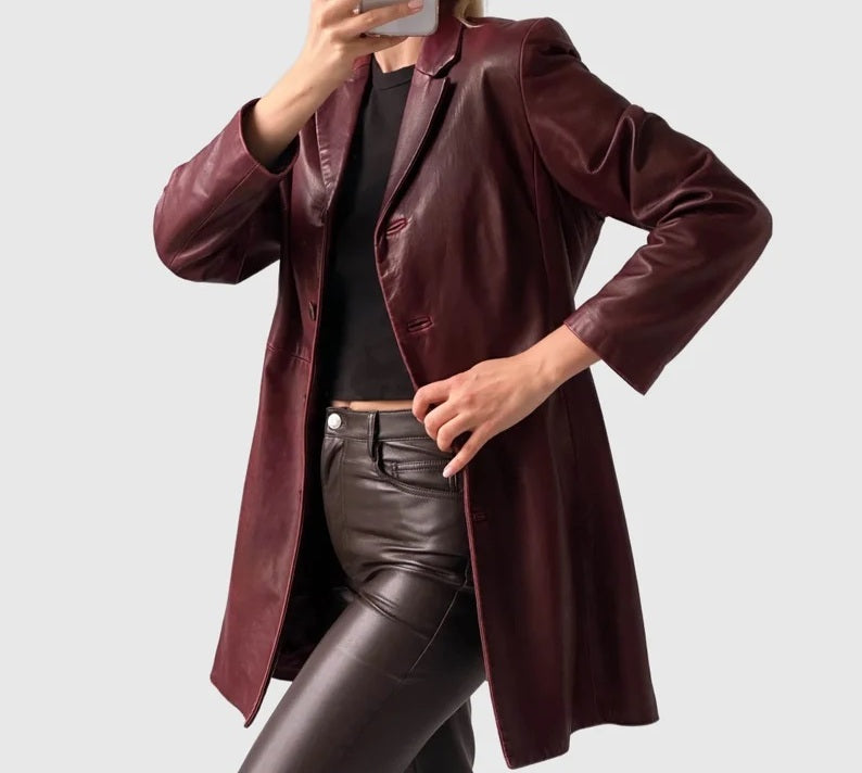 Women's Genuine Leather Long Coat - Burgundy Leather Trench for Girls - Luxury Leather Duster Coat