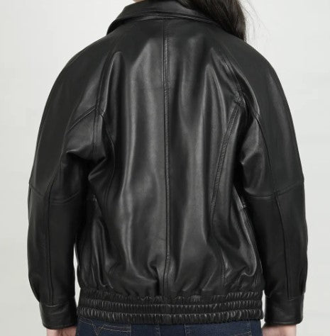 Women Oversized Bomber Leather Jacket, Female's Classic Real Lambskin Leather Jacket