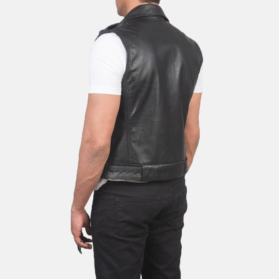 Men’s Black Cowhide Leather Vest with Waist Belt – Semi-Aniline Finish