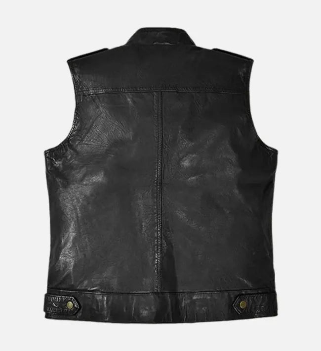Men’s Black Sheepskin Leather Vest with Asymmetrical Zipper & Snap-Tab Waist