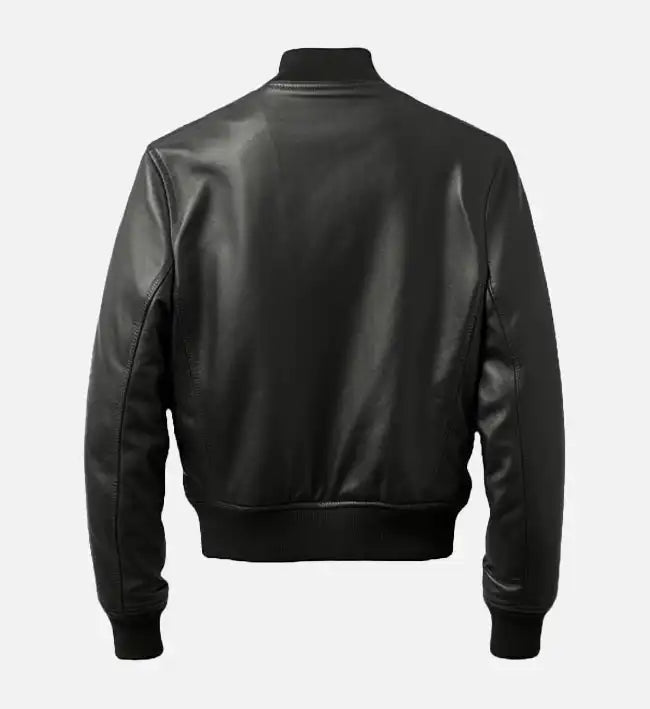 Men’s Sheepskin Leather Jacket – Black with Rib-Knitted Collar