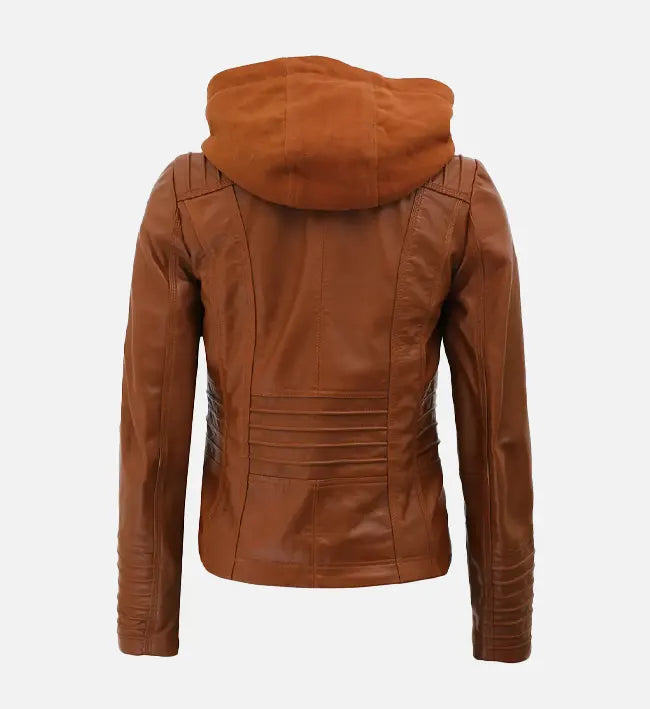 Women’s Sheepskin Leather Jacket – Brown with Quilted Details & Detachable Hood