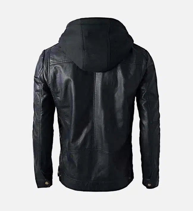 Men’s Sheepskin Detachable Hoodie Black Biker Leather Jacket