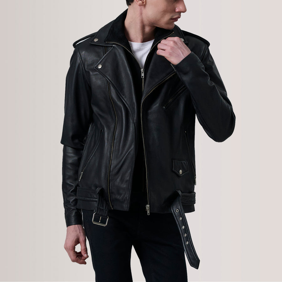 Men’s Sheepskin Leather Rider Jackets with Notch Collar & Waist Straps – Semi-Aniline Finish
