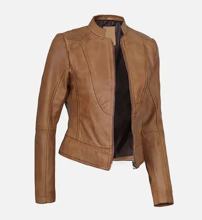 Women’s Sheepskin Leather Jacket – Brown with High Mandarin Collar