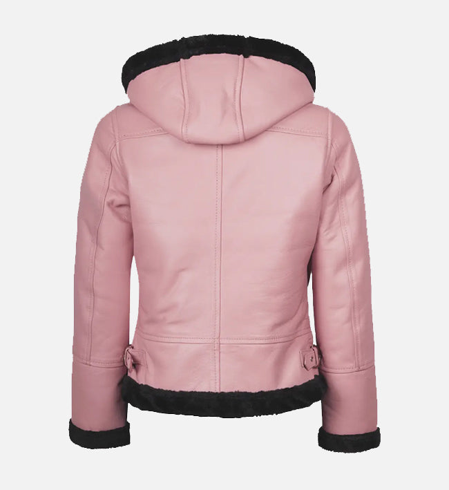 Women’s Pink Sheepskin Leather Jacket with Shearling Hood & Belted Waist