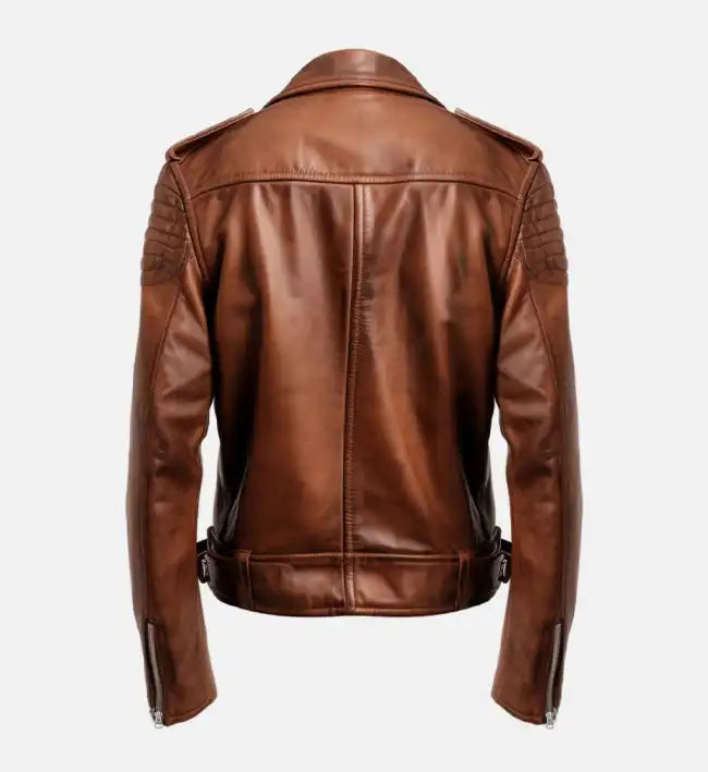 Men’s Sheepskin Leather Biker Jacket – Brown with Asymmetrical Front and Quilted Shoulders