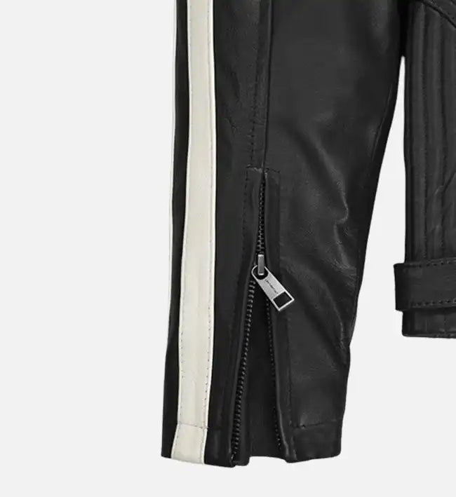 Men’s Vintage Sheepskin Leather Jacket – Black with White Stripe Detailing