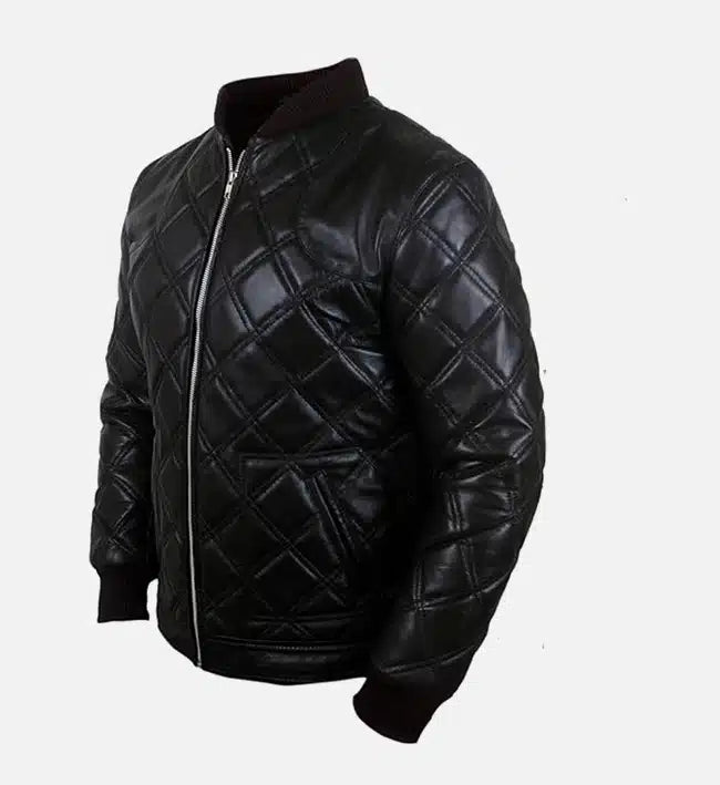 Men’s Sheepskin Leather Bomber Jacket – Black with Diamond Quilted Pattern
