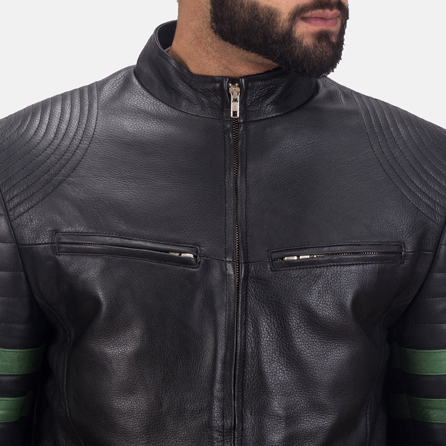 Men’s Black Genuine Cowhide Leather Jacket with Green Sleeve Stripes