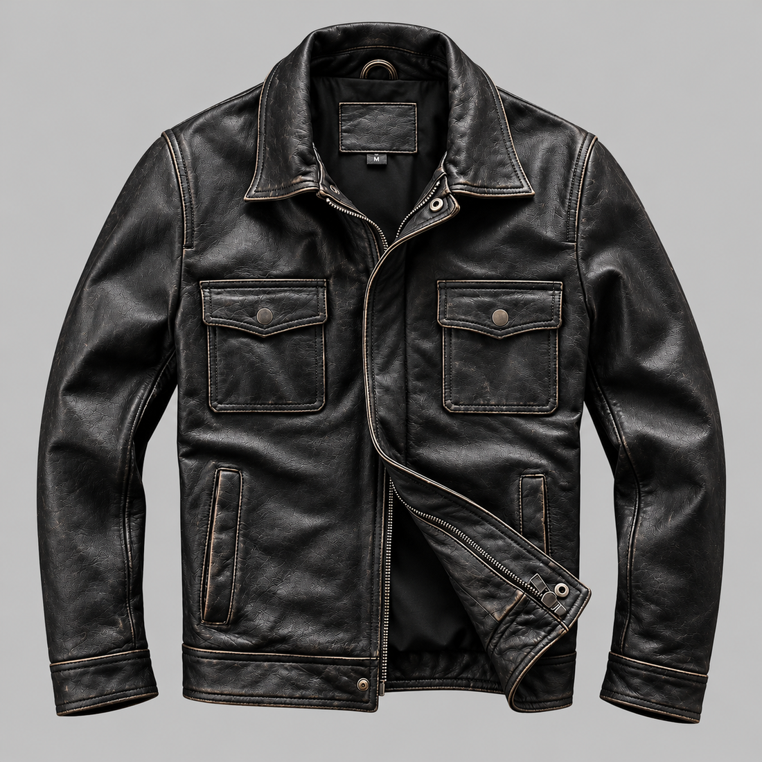 Front view of the Men’s Luxury Genuine Leather Biker Jacket with Zip Closure.