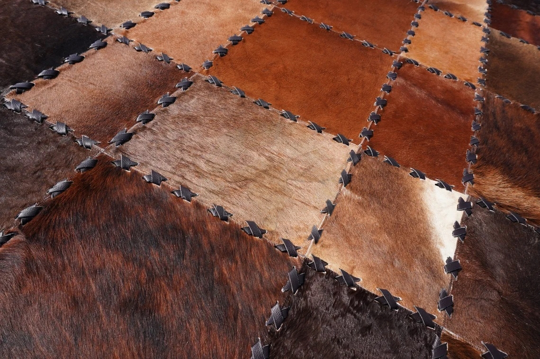 HAND stitched Natural Leather Patchwork RUG | Cowhide Area Rug | Hallway Runner - Home Décor Carpet | PR1044