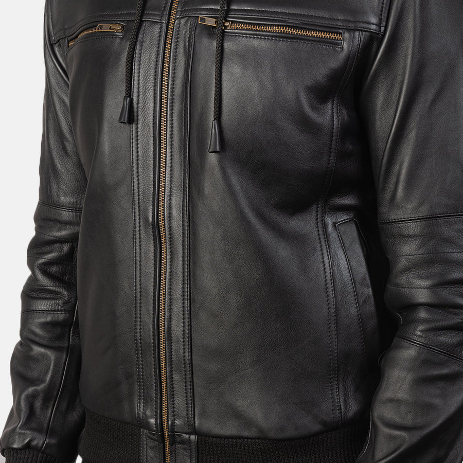 Men’s Hooded Genuine Cowhide Leather Jacket – Rib Knit Finish