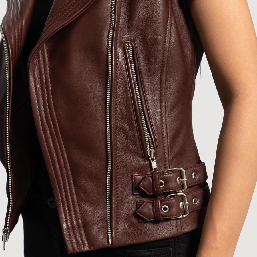 Women’s Maroon Sheepskin Leather Vest with Notch Collar & Zipper Closure