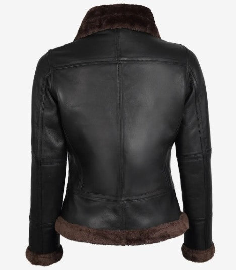 Women Real Leather Bomber Jacket with Faux Shearling, Female's Classic Belted Shearling Collar Leather Jacket