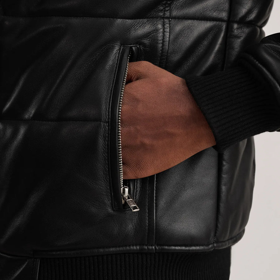Men’s High-Neck Sheepskin Puffer Leather Jacket – Semi-Aniline Finish