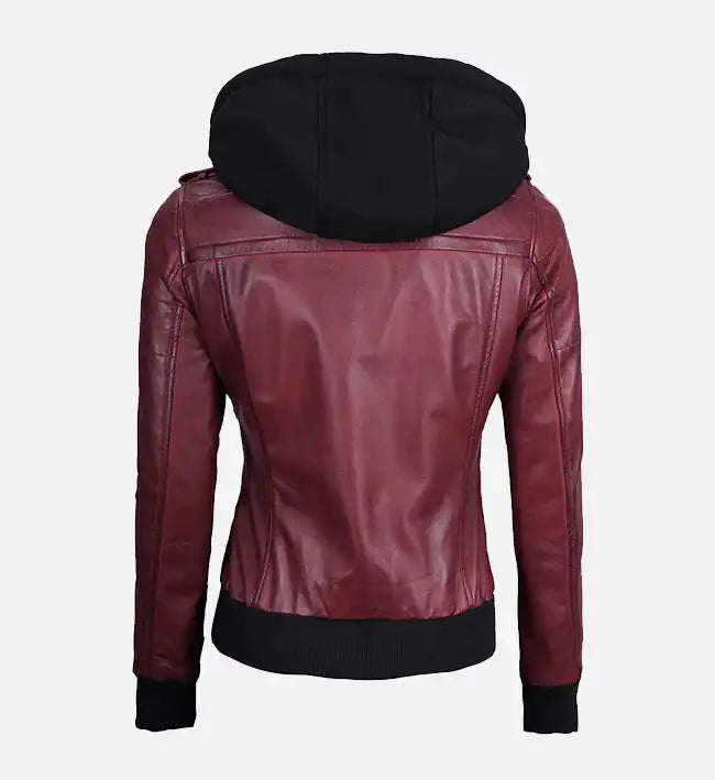 Women’s Sheepskin Leather Bomber Jacket – Maroon with Detachable Hood
