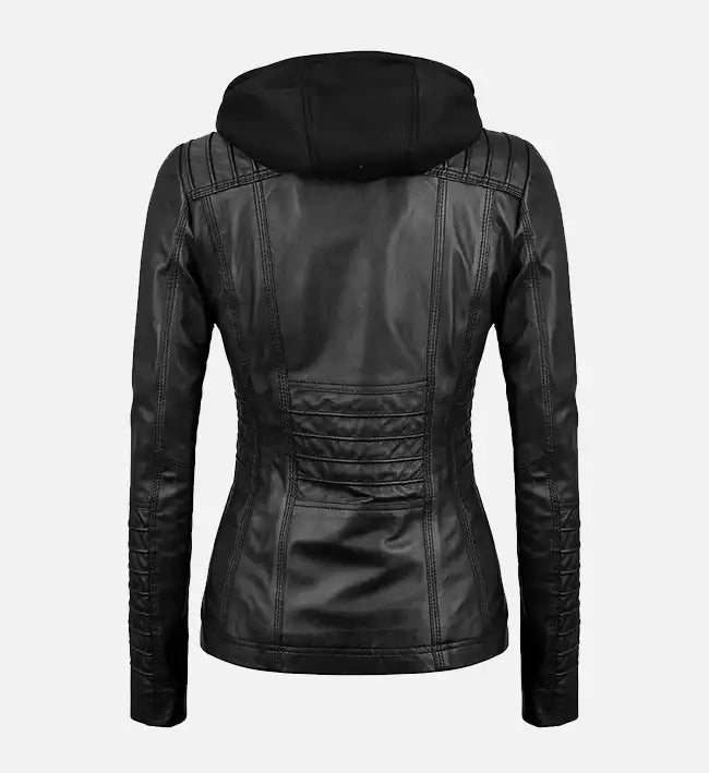 Women’s Sheepskin Leather Jacket – Black with Quilted Shoulders & Removable Hood