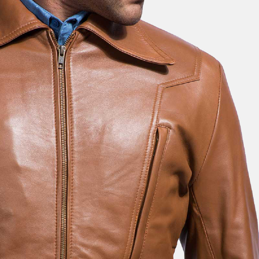 Men’s Brown Sheepskin Leather Jacket with Shirt Collar
