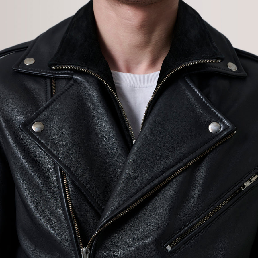 Men’s Sheepskin Leather Rider Jackets with Notch Collar & Waist Straps – Semi-Aniline Finish