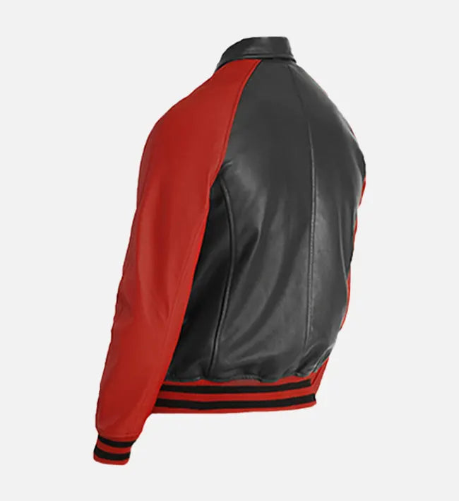 Men’s Sheepskin Leather Bomber Varsity Jacket – with Ribbed Hemline