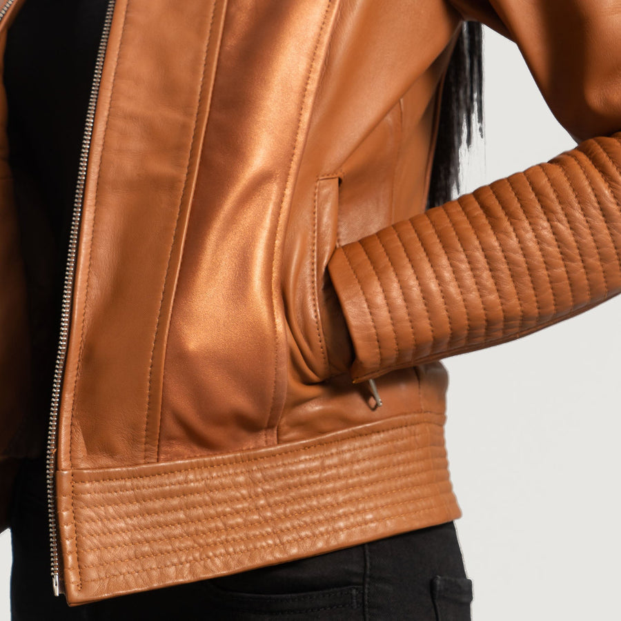 Women’s Tan Brown Sheepskin Leather Biker Jacket