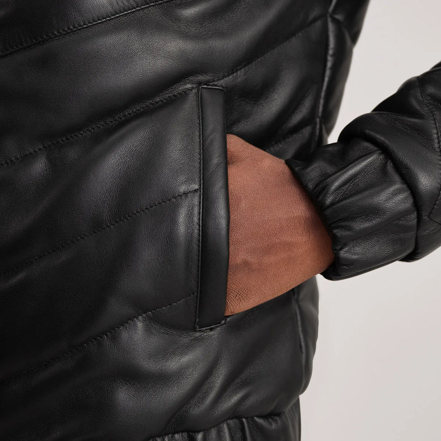 Men’s Sheepskin Real Leather Quilted Puffer Jacket with Band Collor