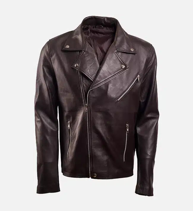 Men’s Sheepskin Leather Biker Jacket – Black & Brown with Asymmetrical Zipper
