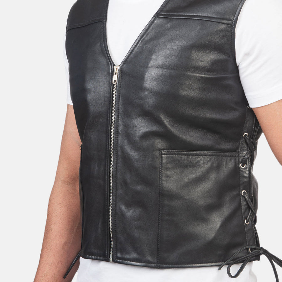 Men’s Black & Tan Brown Sheepskin Leather Vest with Leather Laces