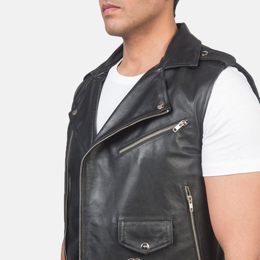 Men’s Black Cowhide Leather Vest with Waist Belt – Semi-Aniline Finish